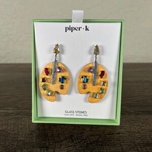 Piper K Artist Palette Earrings Multicolor Glass Stones Real Wood Dangle boho